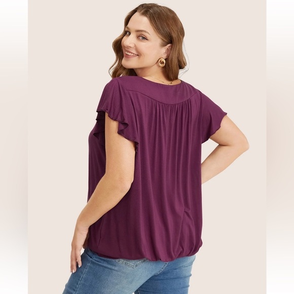 BloomChic Plus Size 2XL Plain Gathered V Neck Ruffle Sleeve T-shirt us18-20 - Picture 3 of 5